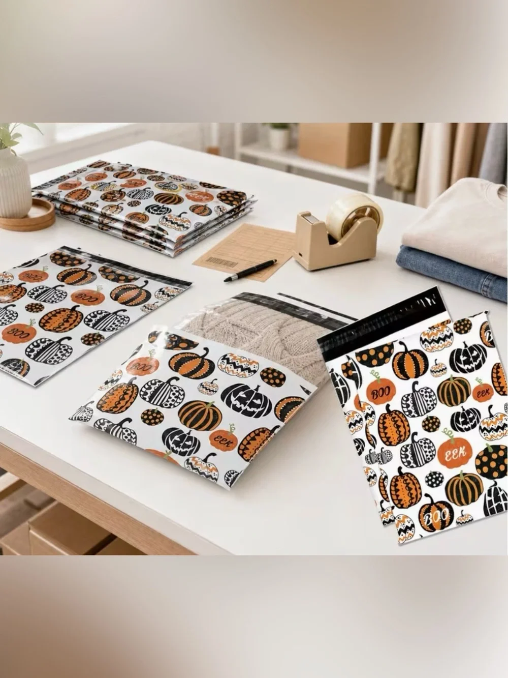 30 10” x 13” Halloween Decorated Pumpkins Eek Boo Poly Mailers